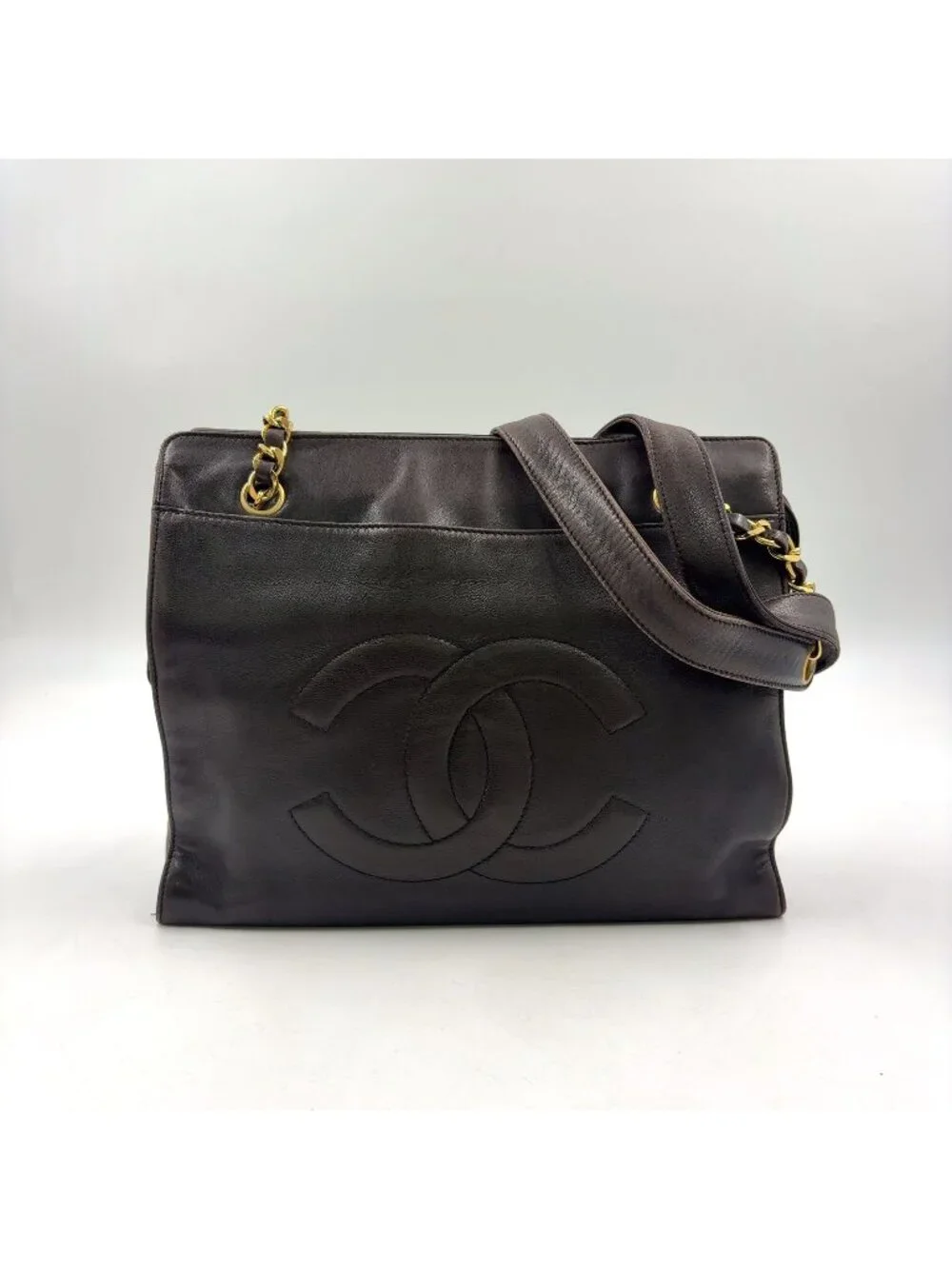 Chanel CC Logo Chain Lambskin Dark Brown Tote Bag Gold